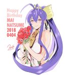  anemone_(flower) antenna_hair arm_up backless_outfit bangs bare_shoulders birthday blazblue blazblue:_central_fiction blazblue_variable_heart blue_hair blush bouquet bow breasts character_name closed_mouth collarbone commentary_request dated english eyebrows_visible_through_hair flower genderswap genderswap_(mtf) gift hair_between_eyes hair_bow hair_ribbon half-closed_eyes halter_top halterneck happy_birthday holding holding_bouquet holding_flower holding_to_chest large_breasts long_hair looking_at_viewer mai_natsume no_bra ponytail purple_eyes red_flower revealing_clothes ribbon sideboob sidelocks simple_background smile solo sumeshi_(ambivalince) upper_body very_long_hair white_background yellow_bow 