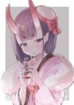  blush border bow dark drinking_straw eyebrows_visible_through_hair fate/grand_order fate_(series) fur gem grey_background hamalu hat hat_bow highres holding japanese_clothes juice_box kimono light_particles long_sleeves looking_at_viewer mini_hat oni oni_horns outside_border pink_kimono pointy_ears purple_eyes purple_hair red_bow shawl short_hair shuten_douji_(fate/grand_order) simple_background solo thick_eyebrows tsurime two-handed upper_body white_border white_hat wide_sleeves 