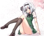  amagi_(amagi626) ass black_bow black_hairband black_legwear black_neckwear black_ribbon blue_eyes blush bow bowtie breasts cherry_blossoms commentary_request eyebrows_visible_through_hair green_skirt green_vest hair_ribbon hairband head_tilt kneehighs knees_up konpaku_youmu loafers looking_at_viewer parted_lips petals petticoat puffy_short_sleeves puffy_sleeves ribbon shirt shoes short_hair short_sleeves silver_hair simple_background sitting skirt small_breasts solo touhou vest white_background white_shirt 