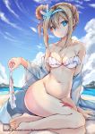  alternate_costume alternate_hairstyle arm_support artist_name bangs bare_shoulders beach bikini bikini_bottom_removed blonde_hair blue_eyes blue_shirt blue_sky blush bottomless breasts cleavage closed_mouth cloud collarbone commentary_request day dying_(dying0414) eyebrows_visible_through_hair frilled_bikini frills girls_frontline hair_between_eyes hair_ornament hairband holding_bikini_bottom long_hair long_sleeves looking_at_viewer medium_breasts navel ocean off_shoulder sand see-through shirt side_bun sidelocks sitting sky smile snowflake_hair_ornament solo starfish stomach suomi_kp31_(girls_frontline) swimsuit water water_drop wet white_swimsuit yokozuwari 