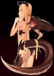  ass bikini black_background black_bikini black_nails blonde_hair breasts cropped_legs dragon_girl dragon_horns dragon_tail dragon_wings fingernails from_behind hand_on_own_chin highres horns kimura_(ykimu) long_hair looking_to_the_side medium_breasts nail_polish original pointy_ears profile red_eyes scales sharp_fingernails simple_background smile solo swimsuit tail very_long_hair wings 