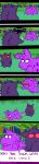  back-to-back closed_eyes closed_mouth comic commentary creature embarrassed english english_commentary eye_contact failure falling fangs fighting frown gen_1_pokemon gengar ghost grass highres horn jhall jumping letterboxed long_image looking_at_another looking_away looking_back motion_lines nidorino no_humans open_mouth outdoors parody pokemon pokemon_(creature) pokemon_(game) pokemon_rgby purple_eyes red_eyes speech_bubble standing tall_image tree truth watermark web_address 