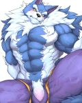  2018 5_fingers abs anthro biceps big_muscles black_nose blue_hair canine captainjohkid claws clothing darkstalkers flakjacket0204 fur hair hi_res jon_talbain male mammal muscular muscular_male pecs simple_background standing video_games were werewolf white_fur white_hair wolf 