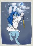  2018 anthro blue_fur blue_hair breasts clothed clothing cute digital_media_(artwork) female foxyverse fur hair lagomorph lilly_sallaris long_hair magic magic_user mammal rabbit red_eyes reign-2004 simple_background skirt small_breasts smile solo sweater white_fur 