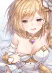  bare_shoulders blonde_hair blush breasts cleavage cosplay djeeta_(granblue_fantasy) granblue_fantasy hair_ornament highres knights_of_glory looking_at_viewer medium_breasts open_mouth short_hair smile solo the_glory the_glory_(cosplay) topia yellow_eyes 