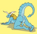  2018 anthro anus balls blonde_hair blue_skin butt colored_sketch dragon future_card_buddyfight hair horn humanoid_penis long_hair looking_at_viewer lustbubbles nude penis perineum presenting presenting_hindquarters qinus_axia scalie shadow simple_background solo spread_legs spreading teeth toes 
