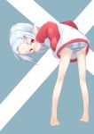  1girl ass bare_legs barefoot blue_hair blush child feet female from_behind jacket leaning_forward legs looking_back neru_tanuki no_pants original panties pointy_ears red_eyes slit_pupils solo striped_panties underwear 