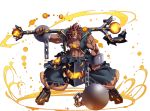  abs awakening_(sennen_sensou_aigis) bad_source ball_and_chain_restraint boots brown_hair burning_eyes chain clenched_hand dark_skin dark_skinned_male fighting_stance fire full_body highres holding holding_weapon legs_apart looking_at_viewer male_focus muscle official_art over_shoulder robert_(sennen_sensou_aigis) scar sennen_sensou_aigis spiked_hair standing tasaka_shinnosuke transparent_background weapon 