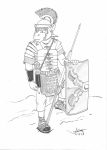  2018 anthro armor clothing equine female footwear gladius helmet holding_object horse mammal melee_weapon monochrome polearm red_shetland roman sandals shetland shield simple_background solo spear standing sword vambraces weapon 