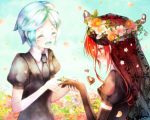  androgynous aqua_hair black_veil blush closed_eyes colored_eyelashes elbow_gloves flower flower_ring gem_uniform_(houseki_no_kuni) gloves green_hair head_wreath holding_hands houseki_no_kuni long_hair meguritekuruhi mercury multiple_others necktie outdoors petals phosphophyllite putting_on_jewelry red_eyes red_hair shinsha_(houseki_no_kuni) short_hair smile veil 