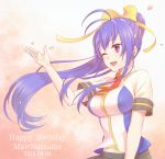  ;d antenna_hair birthday blazblue blazblue_remix_heart blue_hair bow breasts character_name cherry_blossoms commentary_request cowboy_shot dated english genderswap genderswap_(mtf) hair_bow hair_ribbon hand_up happy_birthday large_breasts long_hair looking_to_the_side mai_natsume midriff navel one_eye_closed open_mouth petals ponytail potato_(oriha94) purple_eyes ribbon school_uniform short_sleeves simple_background skirt smile solo wind yellow_bow 