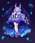  blue_eyes blue_flames blue_hair breasts clothed clothing crown dress female fire footwear front_view fully_clothed hair high_heels horn humanoid hyanna-natsu jewelry looking_at_viewer mammal membranous_wings necklace not_furry shoes simple_background smile solo spread_wings standing succubus wing_claws wings wristband 