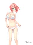  adjusting_clothes aposine artist_name blush bra breasts cleavage collarbone eyebrows_visible_through_hair eyes_visible_through_hair green_eyes highres konoka_(aposine) large_breasts looking_down navel open_mouth original panties pink_hair shiny shiny_skin short_hair signature simple_background smile solo standing underwear underwear_only white_background white_bra white_panties 