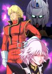  1girl 80s arm_at_side belt belt_buckle blonde_hair blue_eyes buckle char_aznable closed_mouth cowboy_shot eyebrows_visible_through_hair gloves glowing glowing_eyes green_eyes gundam haman_karn hand_on_hip highres hyaku_shiki hybrid looking_at_another looking_at_viewer mecha medium_hair military military_uniform milky_way neo_zeon no_eyewear oldschool original pilot_uniform pink_eyes pink_hair purple_eyes quattro_vageena redesign rx-78-2 science_fiction shaded_face smile space spacesuit standing star star_(sky) starry_background uniform upper_body vest waeba_yuusee zeta_gundam 