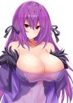  bangs bare_shoulders black_ribbon blush breasts cleavage collarbone commentary_request covered_navel dress eyebrows_visible_through_hair fate/grand_order fate_(series) fur_trim hair_between_eyes hair_ribbon headpiece highres huge_breasts long_hair looking_at_viewer purple_dress purple_hair red_eyes ribbon sankakusui scathach_(fate)_(all) scathach_skadi_(fate/grand_order) shiny shiny_skin simple_background solo tiara upper_body white_background 
