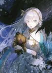  anastasia_(fate/grand_order) artist_name bangs blue_eyes cape commentary crown doll dress eyebrows_visible_through_hair eyes_visible_through_hair fate/grand_order fate_(series) gem hair_over_one_eye hairband holding holding_doll jewelry kim_eb long_hair looking_at_viewer mini_crown open_mouth orange_hairband orange_ribbon pendant ribbon royal_robe single_earring snowflakes snowing solo teeth twitter_username very_long_hair white_hair 