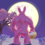  2018 alexyorim basket bunny_costume costume digital_media_(artwork) digital_painting_(artwork) easter easter_bunny egg full_moon fur grass holidays lagomorph male mammal moon muscular outside pink_fur rabbit rear_view shadow solo tree 