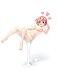  aposine barefoot blush breasts cocktail_glass commentary cup drinking_glass english_commentary eyebrows_visible_through_hair feet full_body glass green_eyes hand_up heart highres konoka_(aposine) large_breasts looking_at_viewer lying navel nipples nude on_back open_mouth original pink_hair short_hair simple_background smile solo sweat v white_background 