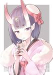  blush border bow drinking_straw eyebrows_visible_through_hair fate/grand_order fate_(series) fur gem grey_background hamalu hat hat_bow highres holding japanese_clothes juice_box kimono light_particles long_sleeves looking_at_viewer mini_hat oni oni_horns outside_border pink_kimono pointy_ears purple_eyes purple_hair red_bow shawl short_hair shuten_douji_(fate/grand_order) simple_background solo thick_eyebrows tsurime two-handed upper_body white_border white_hat wide_sleeves 