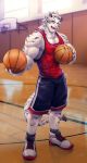  2018 anthro basketball biceps blue_eyes clothed clothing eyewear feline footwear fur glasses kuron looking_at_viewer male mammal muscular muscular_male simple_background stripes tiger white_fur white_tiger 