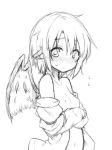  animal_ears bangs bare_shoulders blush breasts clothes_down eyebrows_visible_through_hair flying_sweatdrops greyscale hair_between_eyes looking_at_viewer monochrome mystia_lorelei natsu_no_koucha navel nipples nose_blush short_hair simple_background small_breasts solo sweat touhou upper_body white_background wings 