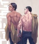  back bare_chest black_hair copyright_name dark_skin dark_skinned_male facial_hair golden_kamuy hair_slicked_back koito looking_back male_focus military military_uniform multiple_boys muscle parted_lips scar shaved_head simple_background tsukishima uniform yoshimi 