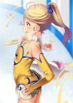  :o ahoge antenna_hair blonde_hair blue_bow blush bow bridal_gauntlets commentary_request cowboy_shot figure_skating flat_chest hair_bow highres hugtto!_precure kagayaki_homare leotard mad_(hazukiken) open_mouth ponytail precure profile short_hair solo standing sweat yellow_eyes yellow_leotard younger 