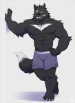  2018 abs anthro biceps black_fur bone canine clothing fur hi_res male mammal multicolored_fur muscular muscular_male o-ro pecs shorts simple_background wolf 
