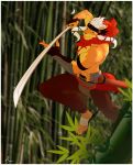  akhera anthro armguards bamboo brown_eyes dynamic feline forest frankenstein headband leap lion male mammal melee_weapon red_mane sword tree weapon white_mane 