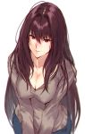  bangs breasts brown_hair cleavage closed_mouth collarbone covered_nipples denim eyebrows_visible_through_hair fate/grand_order fate_(series) hair_between_eyes jeans large_breasts leaning_forward lips long_hair long_sleeves looking_at_viewer makimura_shunsuke pants red_eyes scathach_(fate)_(all) scathach_(fate/grand_order) simple_background smile solo very_long_hair white_background 