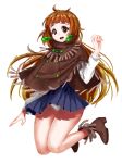  bangs bare_legs boots brown_hair earrings frilled_boots frilled_cloak frills gom-iuneunsoli highres jewelry jumping kemono_friends long_hair long_sleeves open_mouth orangutan_(kemono_friends) panties pantyshot pleated_skirt poncho skirt solo underwear 
