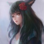  animal_ears black_hair character_request closed_mouth commentary commission english_commentary final_fantasy final_fantasy_xiv flower hair_flower hair_ornament highres long_hair looking_at_viewer miqo'te nguyen_uy_vu red_flower simple_background solo yellow_eyes 