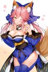  ;) animal_ears aozora_nan bangs blue_kimono blue_legwear blush breasts cleavage commentary_request detached_sleeves eyebrows_visible_through_hair fate/grand_order fate_(series) fox_ears fox_shadow_puppet fox_tail gradient gradient_background hair_between_eyes half-closed_eye hands_up highres japanese_clothes kimono large_breasts long_hair looking_at_viewer obi one_eye_closed parted_lips pink_hair sash short_kimono smile solo tail tail_raised tamamo_(fate)_(all) tamamo_no_mae_(fate) thighhighs thighs twintails yellow_eyes 