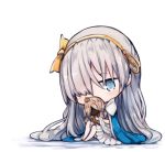  anastasia_(fate/grand_order) barefoot beni_shake blue_cloak blue_eyes blush bow brown_hair chibi commentary_request covered_mouth fate/grand_order fate_(series) hair_bow hair_over_one_eye hairband long_hair lowres orange_hairband orange_ribbon ribbon silver_hair sitting solo very_long_hair white_background yellow_bow 