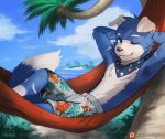  anthro ascot beach blue_eyes blue_fur canine close-up clothed clothing coconut cute dog floppy_ears food fruit fur hammock haychel island looking_at_viewer male mammal one_eye_closed outside palm_tree relaxing seaside shorts smile solo swimming_trunks swimsuit topless tree tropical_island 