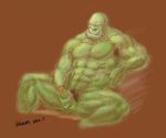  2012 6suan body_hair brown_background chest_hair digital_media_(artwork) foreskin glans green_skin humanoid looking_down male masturbation muscular not_furry orange_eyes orc penis pointy_ears pubes simple_background solo tusks 
