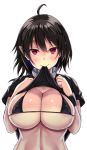  ahoge bangs bikini black_bikini_top black_dress black_hair breasts cleavage closed_mouth commentary_request covered_nipples dress dress_lift ebi_193 hands_up houjuu_nue large_breasts lifted_by_self looking_at_viewer micro_bikini_top mouth_hold no_wings pink_eyes pointy_ears shiny shiny_hair short_sleeves simple_background smile solo string_bikini swimsuit touhou upper_body white_background wristband 