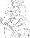  armor axe barbarian big_breasts bottomless braided_hair breasts clothed clothing female hair line_art melee_weapon morrigan_saberhagen muscular sergal skianous smile tattoo unconvincing_armor weapon wide_hips 