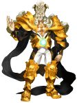  alpha_transparency armor beard boots closed_mouth cross crown facial_hair fate/extella fate/extella_link fate/extra fate_(series) full_body gold_armor gold_footwear highres karl_der_grosse_(fate) long_hair male_focus pectorals smile solo transparent_background wada_aruko white_hair 