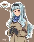  2017 absurdres artist_name blue_hair blush_stickers brown_background fingers_together food highres idolmaster idolmaster_(classic) kamaboko long_hair minata_(axl19941120) narutomaki noodles purple_eyes ramen scarf shijou_takane silver_hair smile solo steepled_fingers 