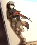  2018 5_fingers anthro armor black-husky black_hair boots canine clothing desert dog female footwear green_eyes gun hair holding_object holding_weapon mammal ranged_weapon rifle solo uniform weapon 