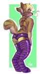  2014 anthro black_nose blonde_hair blush brown_fur canine clothed clothing dafnier digital_drawing_(artwork) digital_media_(artwork) embarrassed floebean fur hair hi_res legwear male mammal markings purple_clothing red_wolf shiny simple_background solo stripes sweat text topless underwear wolf 