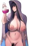  areolae black_hair breasts cleavage cloak closed_eyes groin hood hooded_cloak large_areolae large_breasts long_hair naked_cloak nipples original pepe_(jonasan) potion pubic_hair simple_background solo thighhighs very_long_hair white_background 