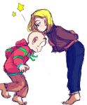  1girl aida_kaiko android_18 bald barefoot black_eyes blonde_hair blush couple dragon_ball dragon_ball_z full_body height_difference hetero jacket kiss kuririn leaning_forward looking_down pants short_hair simple_background standing star surprised sweater white_background 