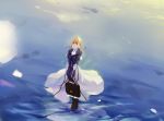  bangs blonde_hair blue_eyes blue_jacket braid briefcase brooch cloud commentary dress floating gloves hair_between_eyes hair_intakes hair_ribbon highres holding_briefcase hoshino_arika jacket jewelry long_sleeves red_ribbon ribbon ripples sky solo suitcase violet_evergarden violet_evergarden_(character) walking walking_on_liquid water 