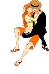  1boy 1girl black_eyes black_hair blush couple hat long_hair monkey_d_luffy nami_(one_piece) one_piece orange_hair pirate short_hair smile straw_hat_pirates tattoo 