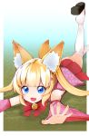  :3 :d animal_ear_fluff animal_ears bangs bare_shoulders bell black_footwear blue_eyes bow commentary_request detached_sleeves eyebrows_visible_through_hair fangs fox_ears fox_girl fox_tail hair_ornament hairclip highres jingle_bell kemomimi_oukoku_kokuei_housou legs_up long_hair long_sleeves looking_at_viewer lying mikoko_(kemomimi_oukoku_kokuei_housou) on_stomach open_mouth outstretched_arms pleated_skirt red_bow red_skirt sidelocks skirt smile solo tail takara_akihito thighhighs twintails virtual_youtuber white_legwear wide_sleeves zouri 