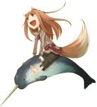  :d animal_ears ayakura_juu barefoot black_pants brown_hair eyebrows_visible_through_hair fish floating_hair full_body grey_shirt holo long_hair looking_up lowres narwhal non-web_source novel_illustration official_art open_mouth pants pouch red_eyes riding shirt simple_background sitting smile solo spice_and_wolf tail very_long_hair white_background wolf_ears wolf_girl wolf_tail 