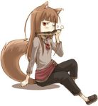  animal_ears ayakura_juu black_pants blush brown_footwear brown_hair eating eyebrows_visible_through_hair fish food full_body grey_shirt holding holding_food holo long_hair looking_at_viewer lowres non-web_source novel_illustration official_art pants red_eyes shadow shirt shoes simple_background sitting solo spice_and_wolf steam tail very_long_hair white_background wolf_ears wolf_girl wolf_tail 