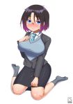  black_hair blue_eyes blush breasts cheesestyx elma_(maidragon) glasses gradient_hair highres kobayashi-san_chi_no_maidragon large_breasts looking_at_viewer multicolored_hair necktie short_hair simple_background solo sweater white_background 